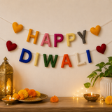 Happy Diwali Felt Garland – Handmade Wool Felt Banner with Hearts | Colorful Diwali Decorations | Reusable Festival Wall Hanging