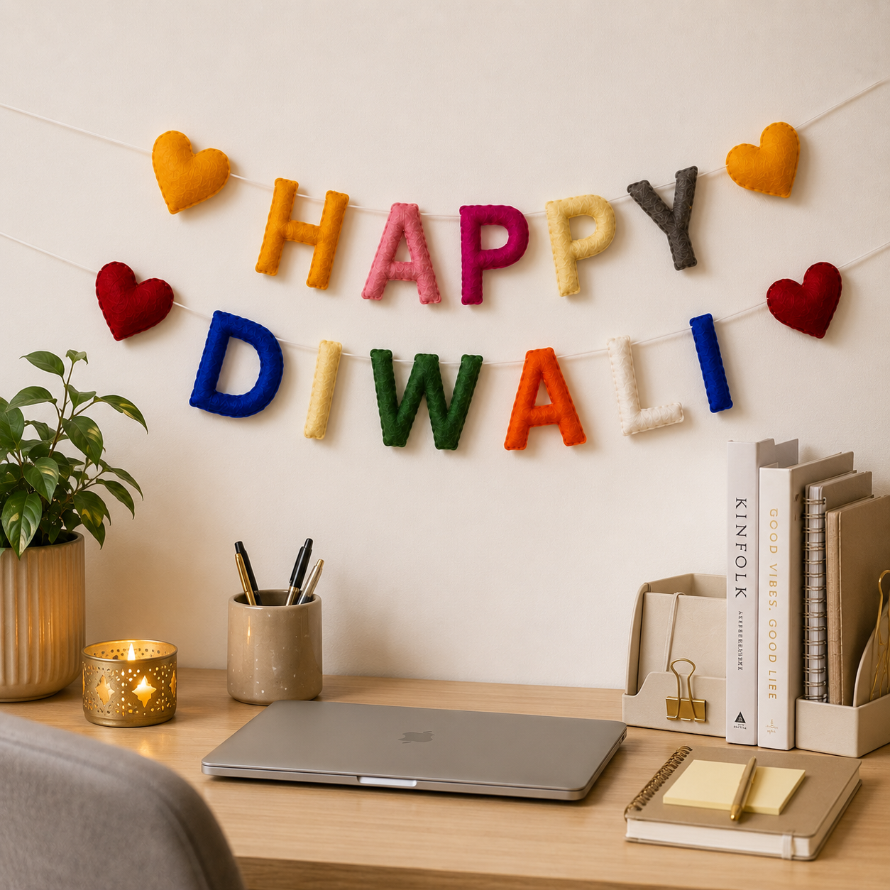Happy Diwali Felt Garland – Handmade Wool Felt Banner with Hearts | Colorful Diwali Decorations | Reusable Festival Wall Hanging