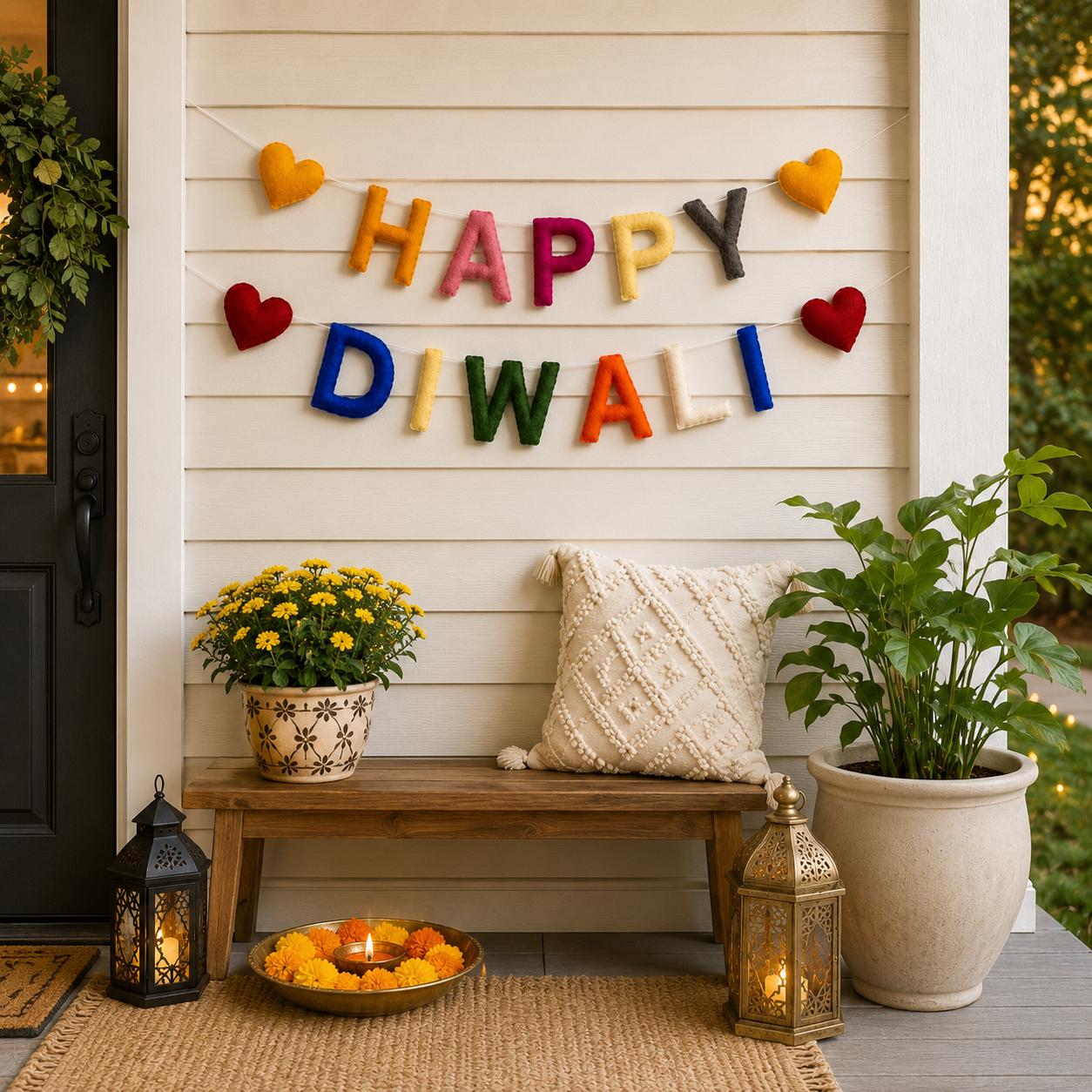 Happy Diwali Felt Garland – Handmade Wool Felt Banner with Hearts | Colorful Diwali Decorations | Reusable Festival Wall Hanging