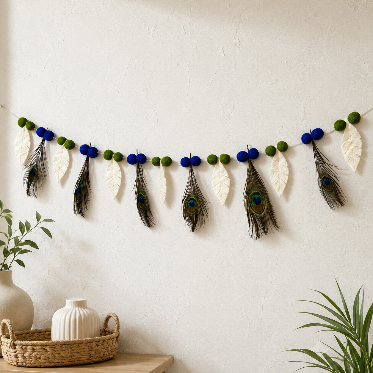 Peacock Feather Felt Garland – Handmade Wool Felt Wall Hanging | Krishna Janmashtami Decor | Boho Home Decoration