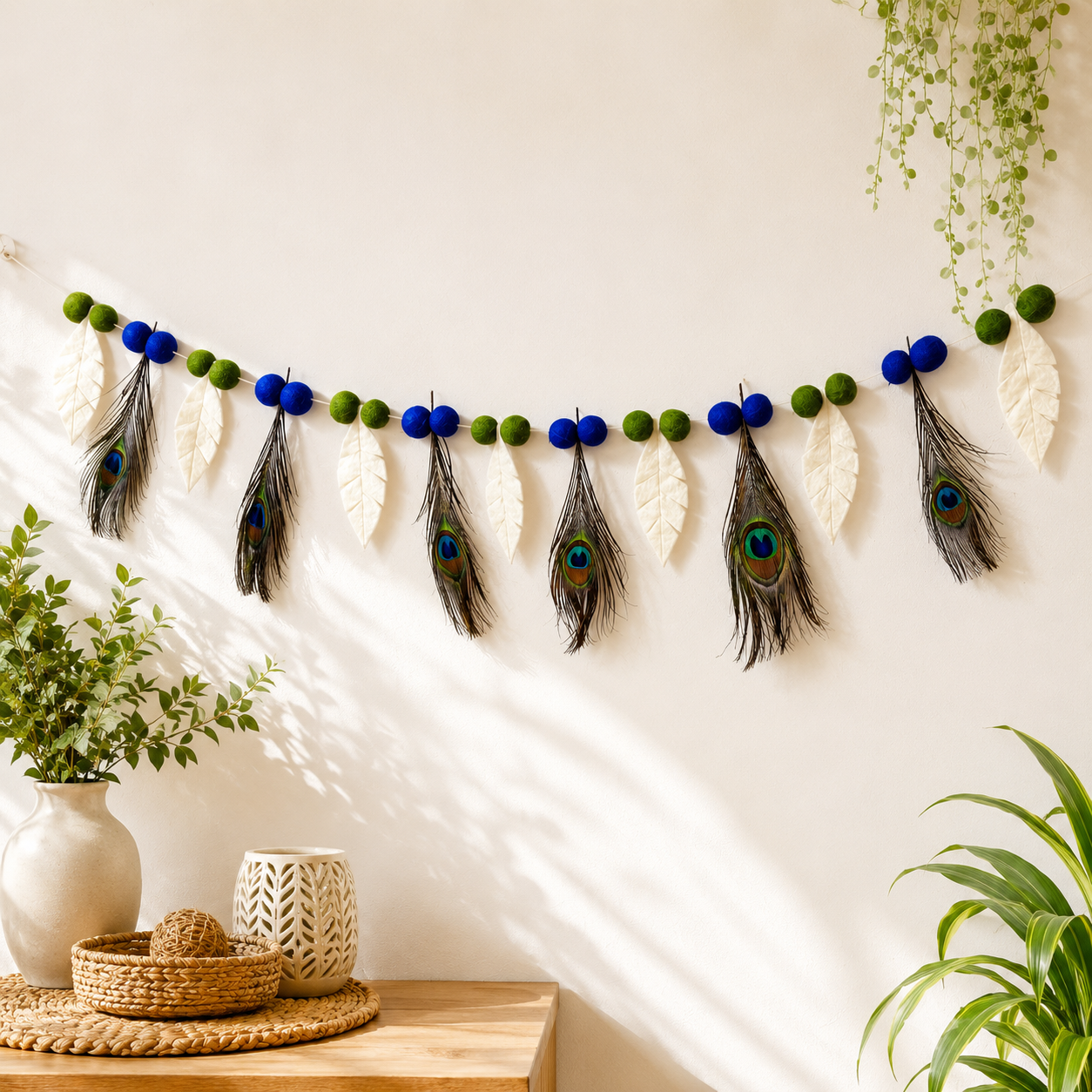 Peacock Feather Felt Garland – Handmade Wool Felt Wall Hanging | Krishna Janmashtami Decor | Boho Home Decoration