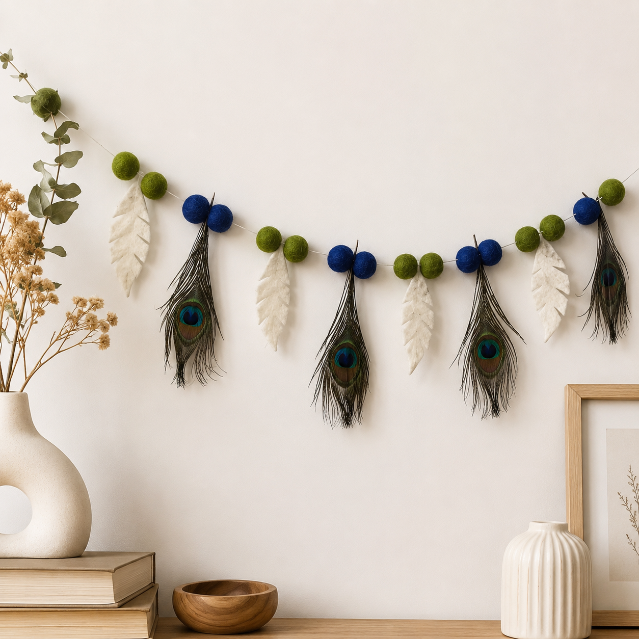 Peacock Feather Felt Garland – Handmade Wool Felt Wall Hanging | Krishna Janmashtami Decor | Boho Home Decoration