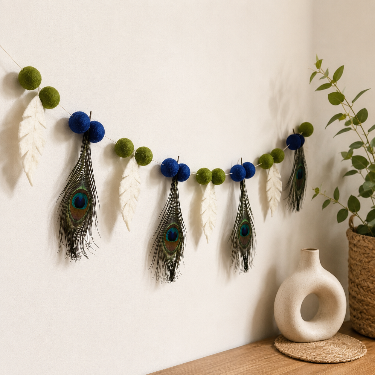 Peacock Feather Felt Garland – Handmade Wool Felt Wall Hanging | Krishna Janmashtami Decor | Boho Home Decoration