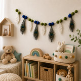 Peacock Feather Felt Garland – Handmade Wool Felt Wall Hanging | Krishna Janmashtami Decor | Boho Home Decoration