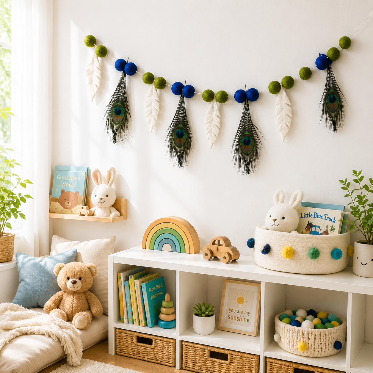 Peacock Feather Felt Garland – Handmade Wool Felt Wall Hanging | Krishna Janmashtami Decor | Boho Home Decoration