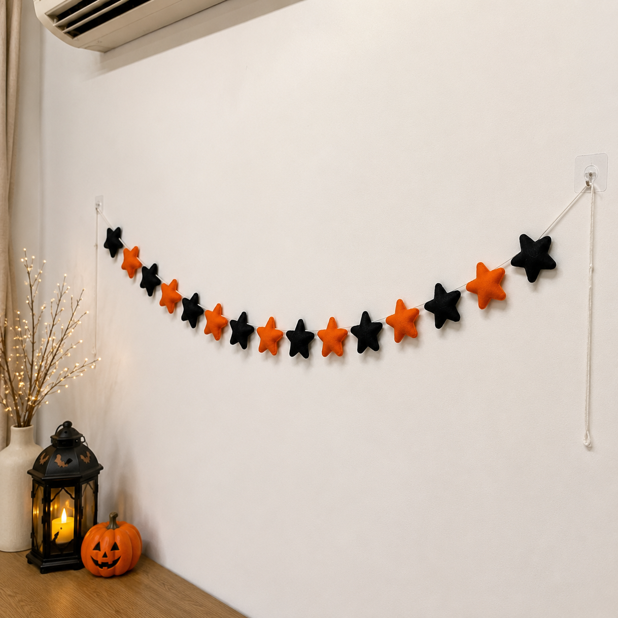 Halloween Felt Star Garland – Handmade Black & Orange Wool Felt Banner | Halloween Party Decor | Spooky Wall Hanging