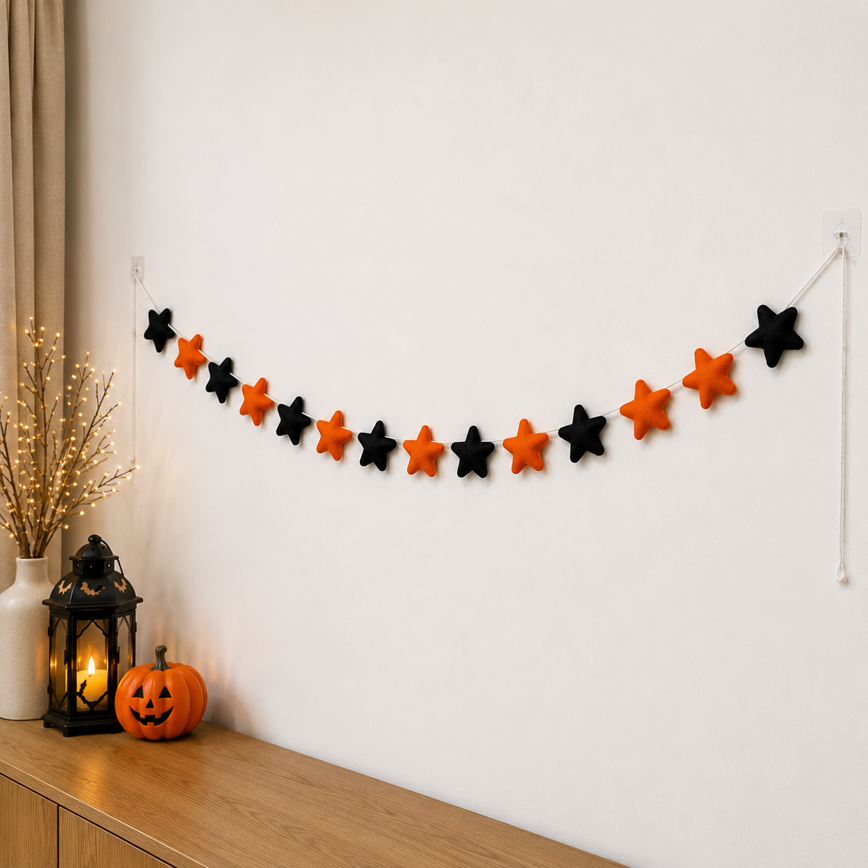 Halloween Felt Star Garland – Handmade Black & Orange Wool Felt Banner | Halloween Party Decor | Spooky Wall Hanging