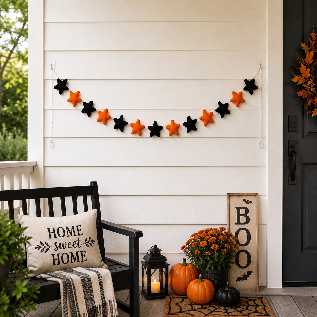Halloween Felt Star Garland – Handmade Black & Orange Wool Felt Banner | Halloween Party Decor | Spooky Wall Hanging