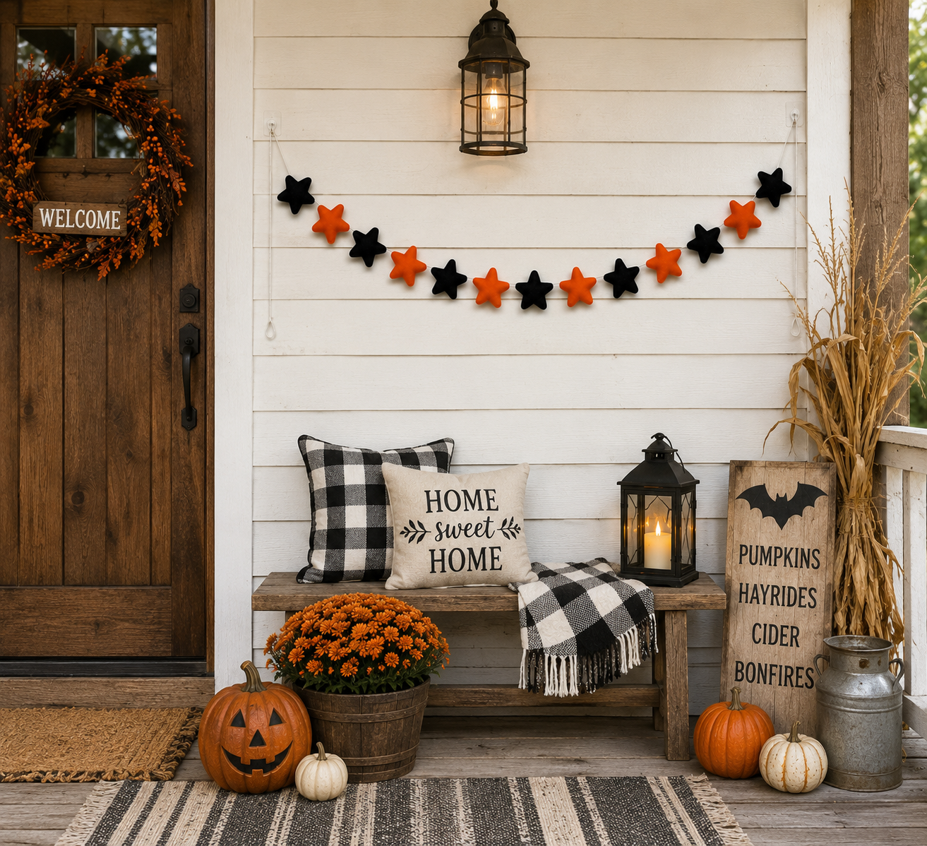 Halloween Felt Star Garland – Handmade Black & Orange Wool Felt Banner | Halloween Party Decor | Spooky Wall Hanging