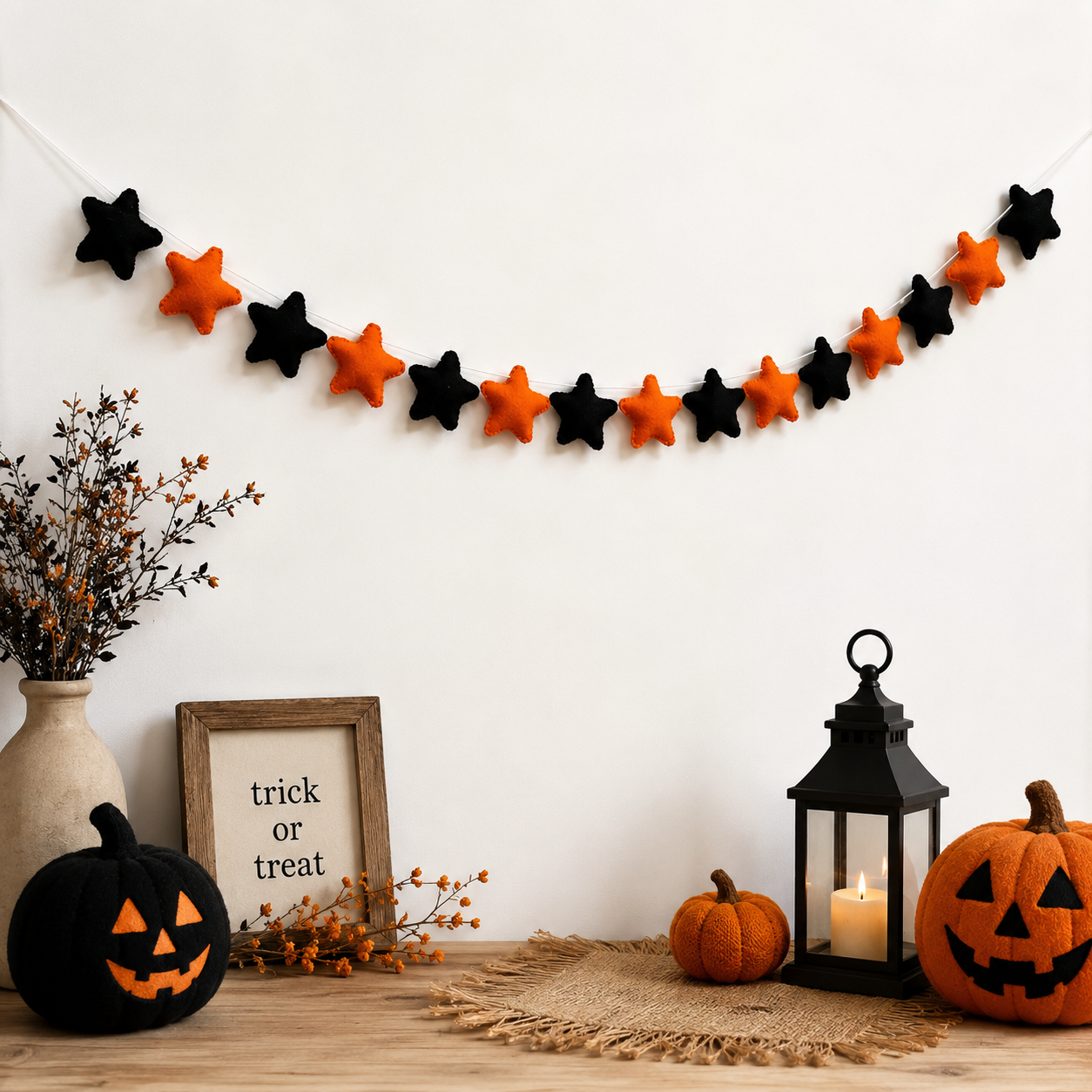 Halloween Felt Star Garland – Handmade Black & Orange Wool Felt Banner | Halloween Party Decor | Spooky Wall Hanging