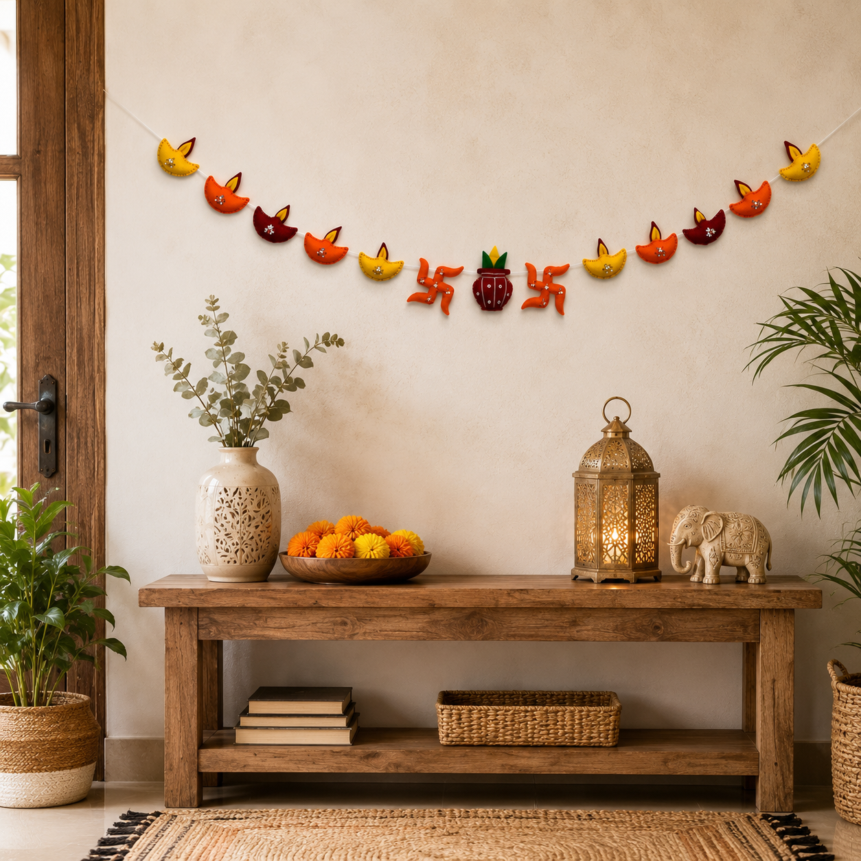 Diwali Felt Toran – Handmade Wool Felt Diya & Kalash Garland | Traditional Diwali Door Hanging | Festival Wall Decor