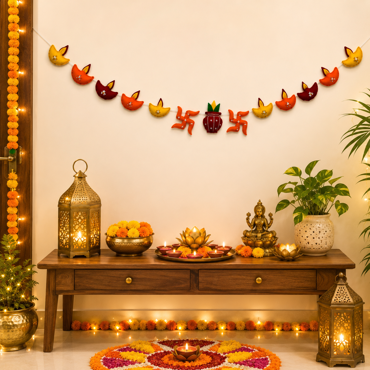 Diwali Felt Toran – Handmade Wool Felt Diya & Kalash Garland | Traditional Diwali Door Hanging | Festival Wall Decor