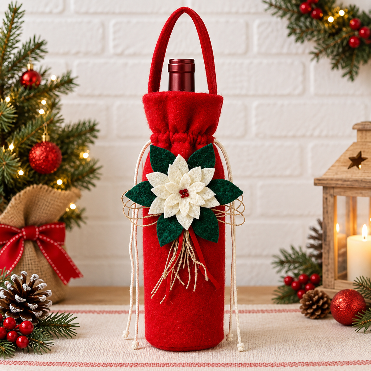 Christmas Wine Bottle Cover – Festive Red Poinsettia Wine Gift Bag