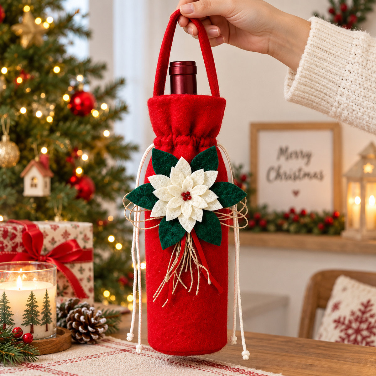 Christmas Wine Bottle Cover – Festive Red Poinsettia Wine Gift Bag