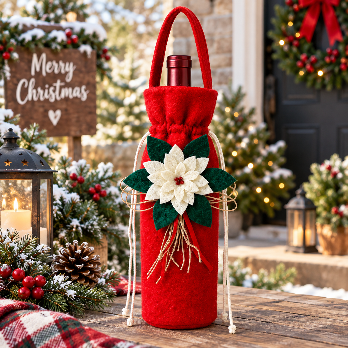 Christmas Wine Bottle Cover – Festive Red Poinsettia Wine Gift Bag