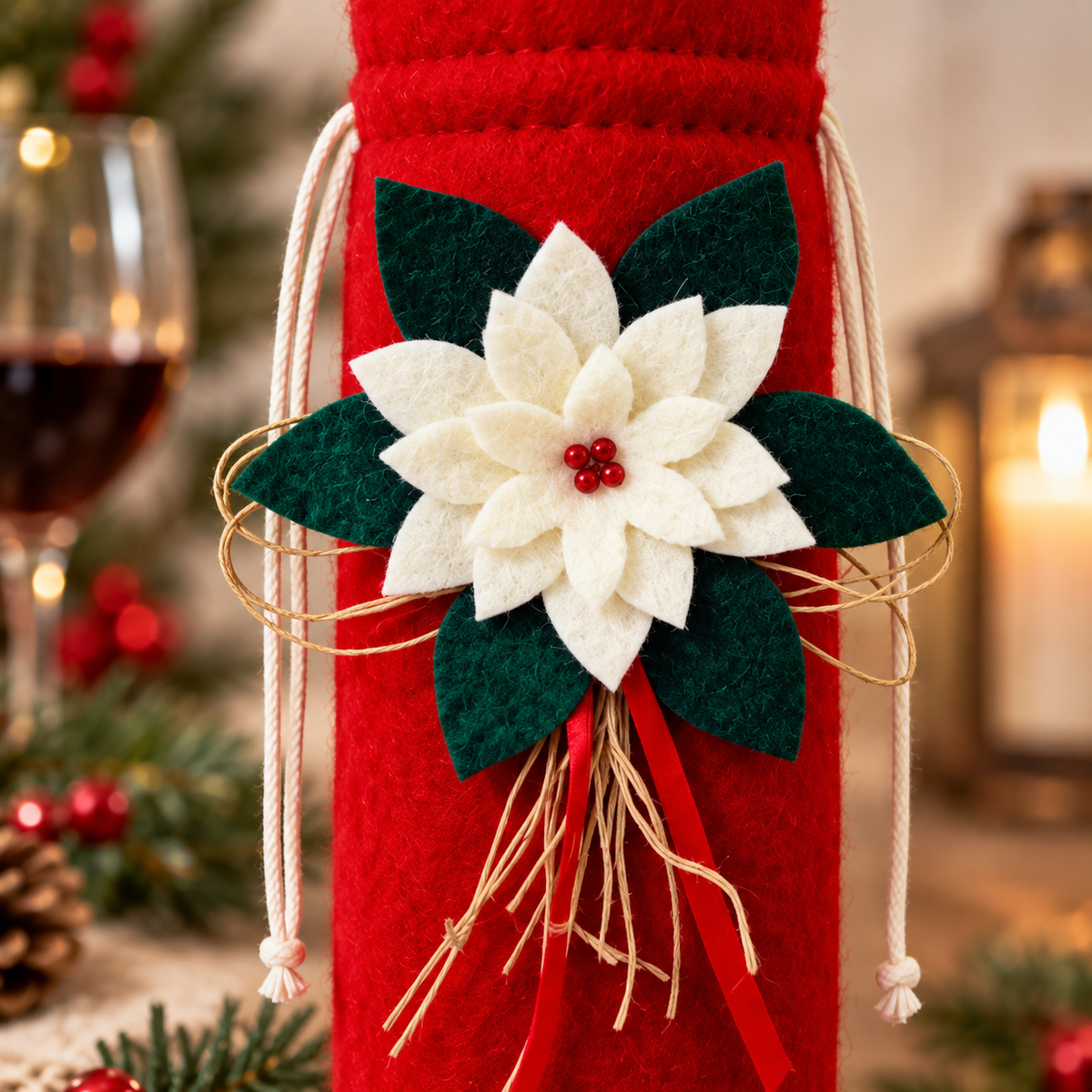 Christmas Wine Bottle Cover – Festive Red Poinsettia Wine Gift Bag