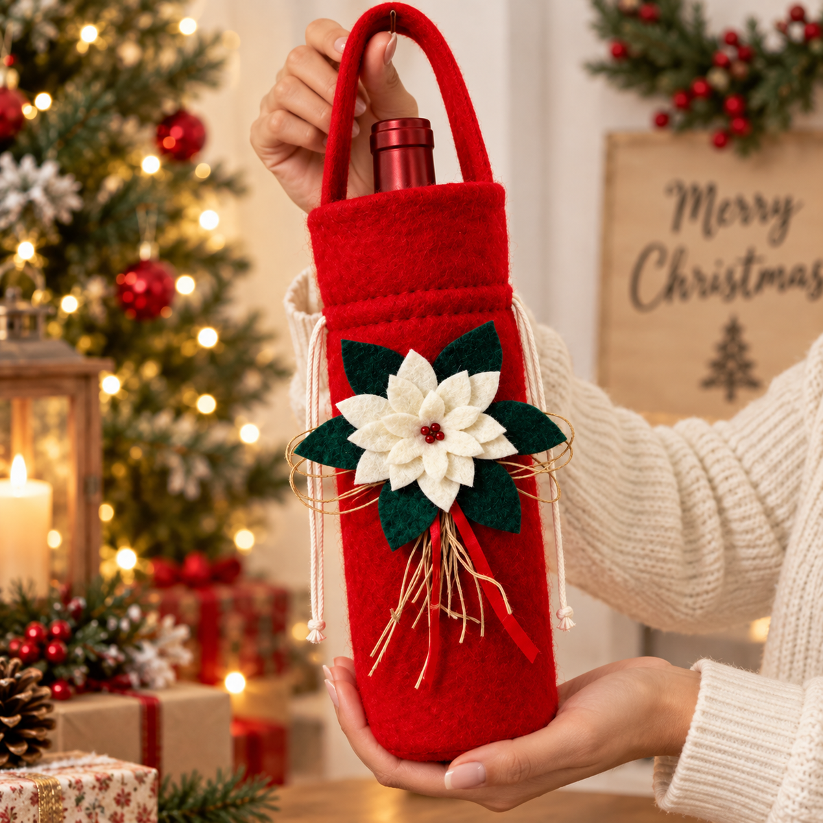 Christmas Wine Bottle Cover – Festive Red Poinsettia Wine Gift Bag
