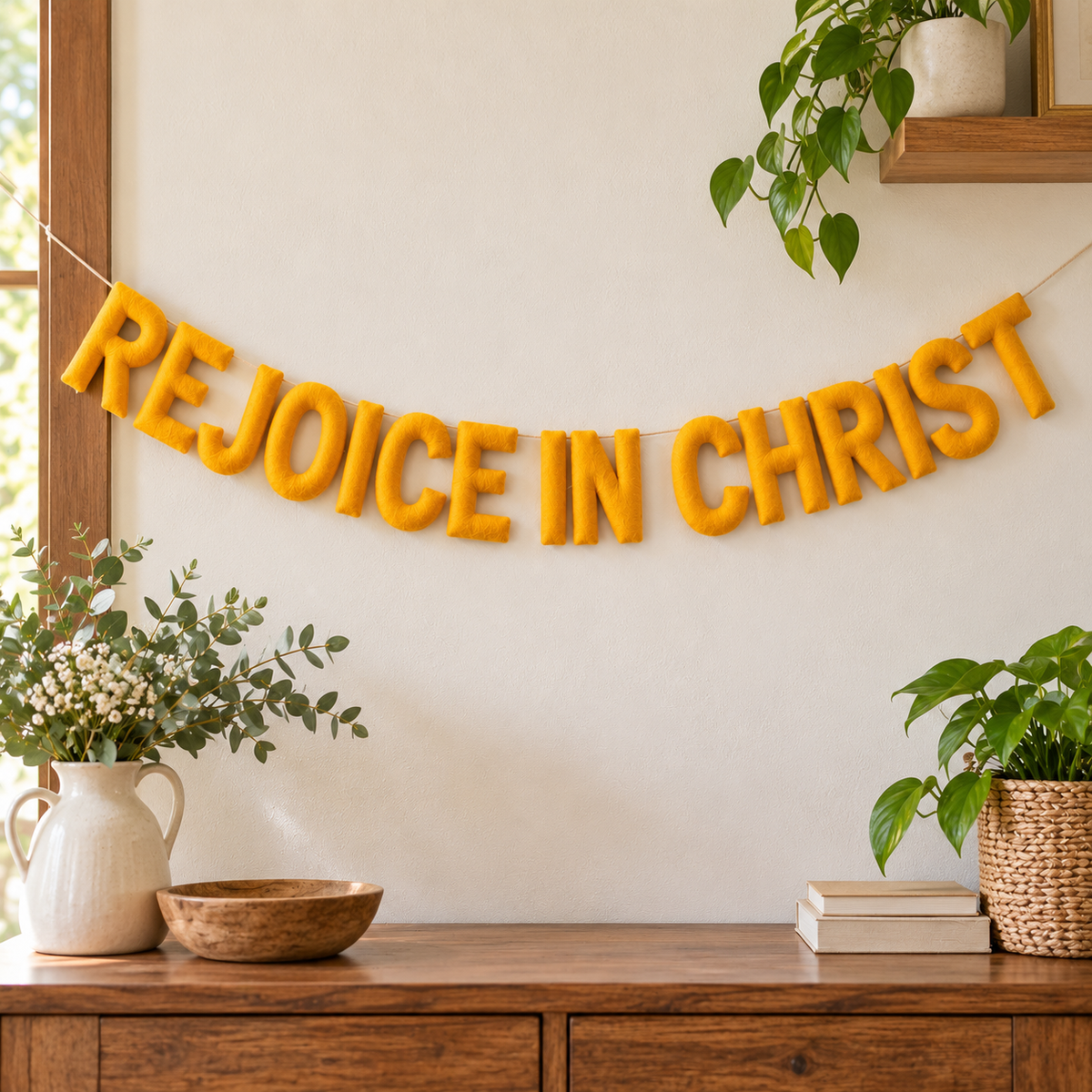 Rejoice in Christ Felt Garland – Handmade Christian Faith Wall Decor
