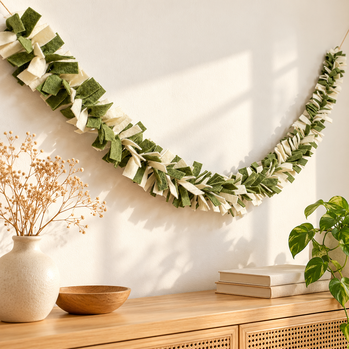 Green and Ivory Wool Felt Garland – Handmade Boho Wall Decor - 6 Feet