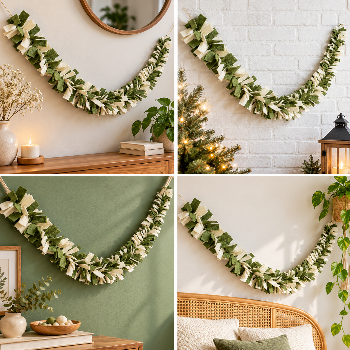 Green and Ivory Wool Felt Garland – Handmade Boho Wall Decor - 6 Feet