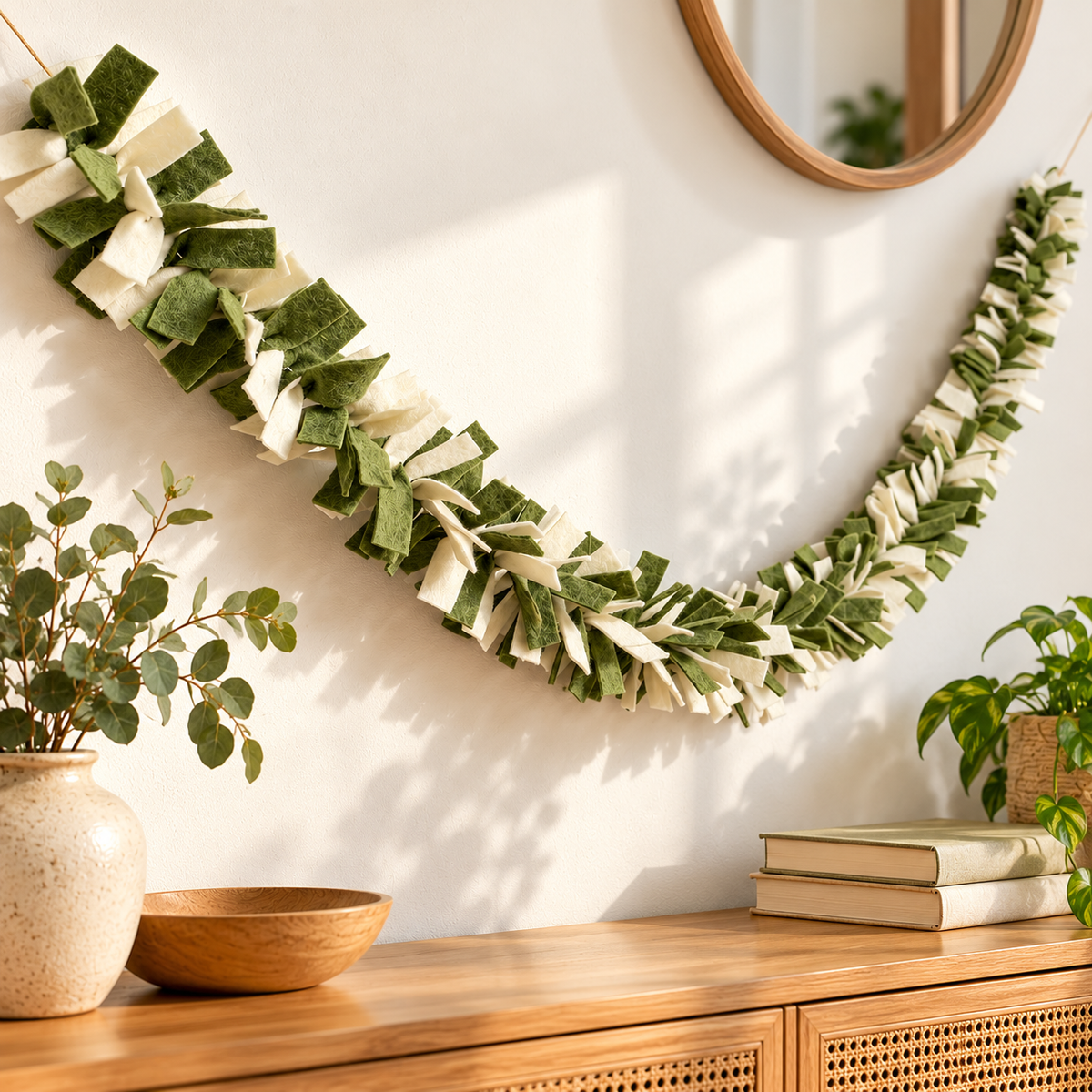 Green and Ivory Wool Felt Garland – Handmade Boho Wall Decor - 6 Feet