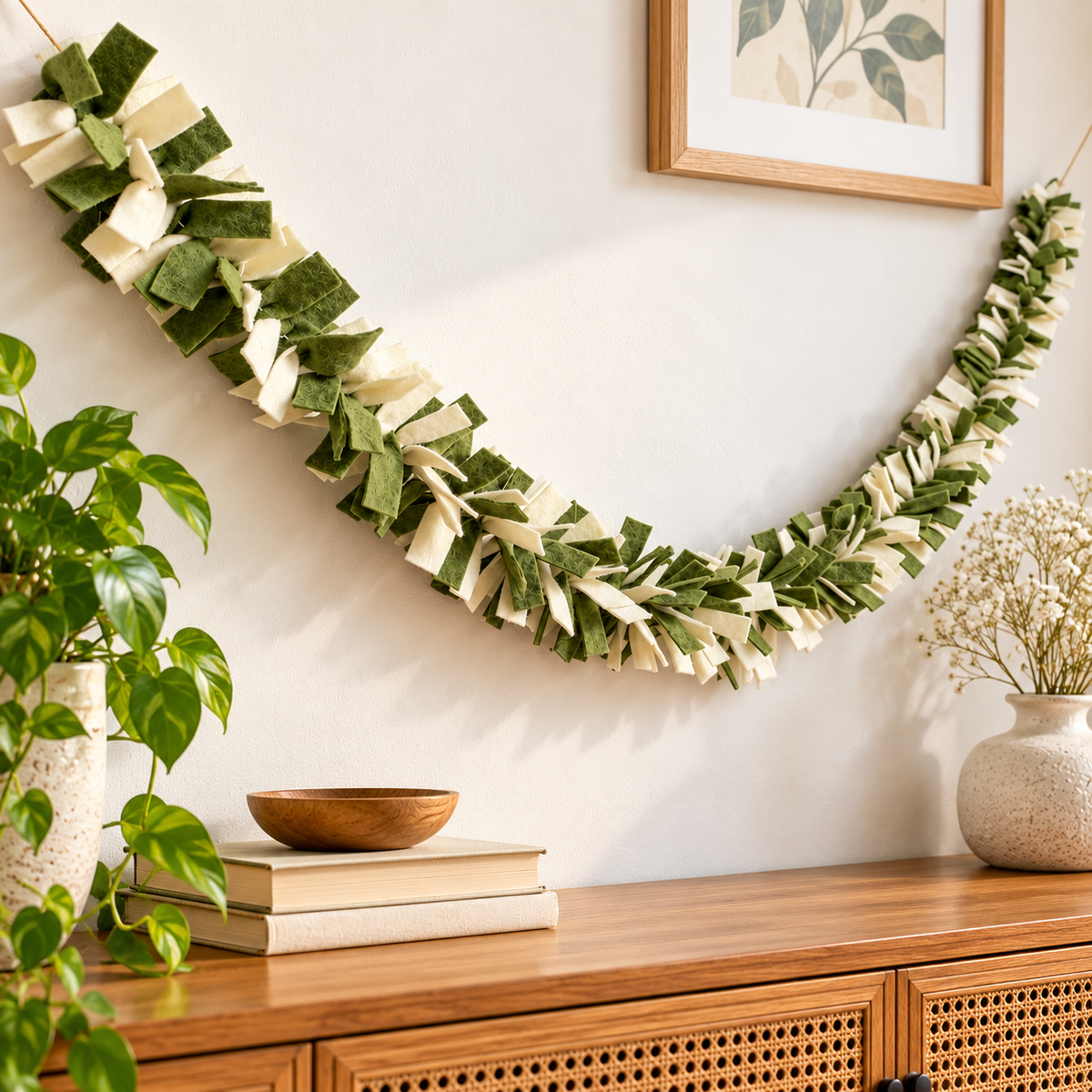 Green and Ivory Wool Felt Garland – Handmade Boho Wall Decor - 6 Feet
