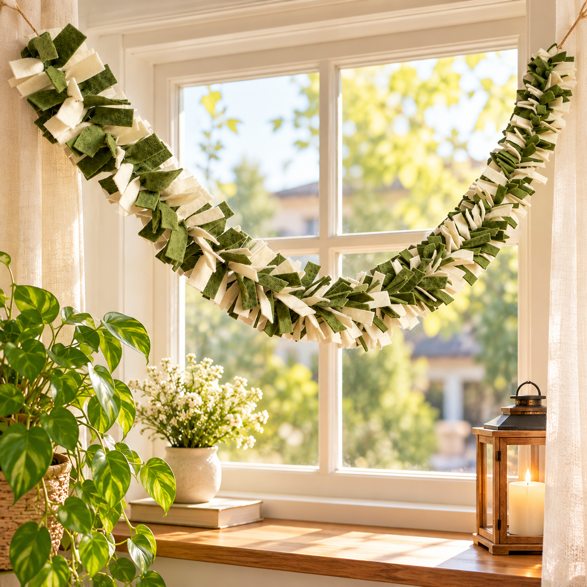 Green and Ivory Wool Felt Garland – Handmade Boho Wall Decor - 6 Feet