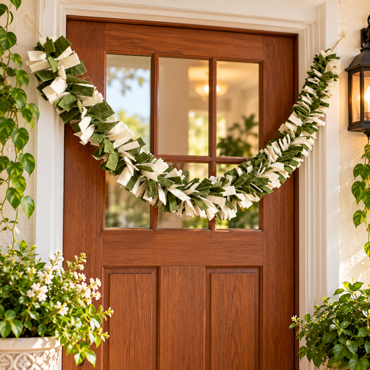 Green and Ivory Wool Felt Garland – Handmade Boho Wall Decor - 6 Feet