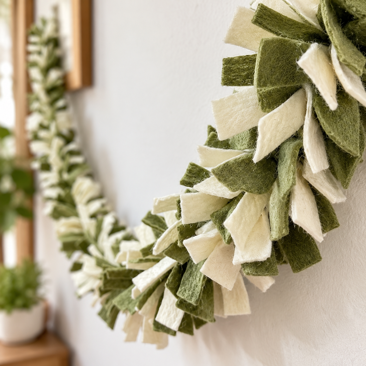 Green and Ivory Wool Felt Garland – Handmade Boho Wall Decor - 6 Feet