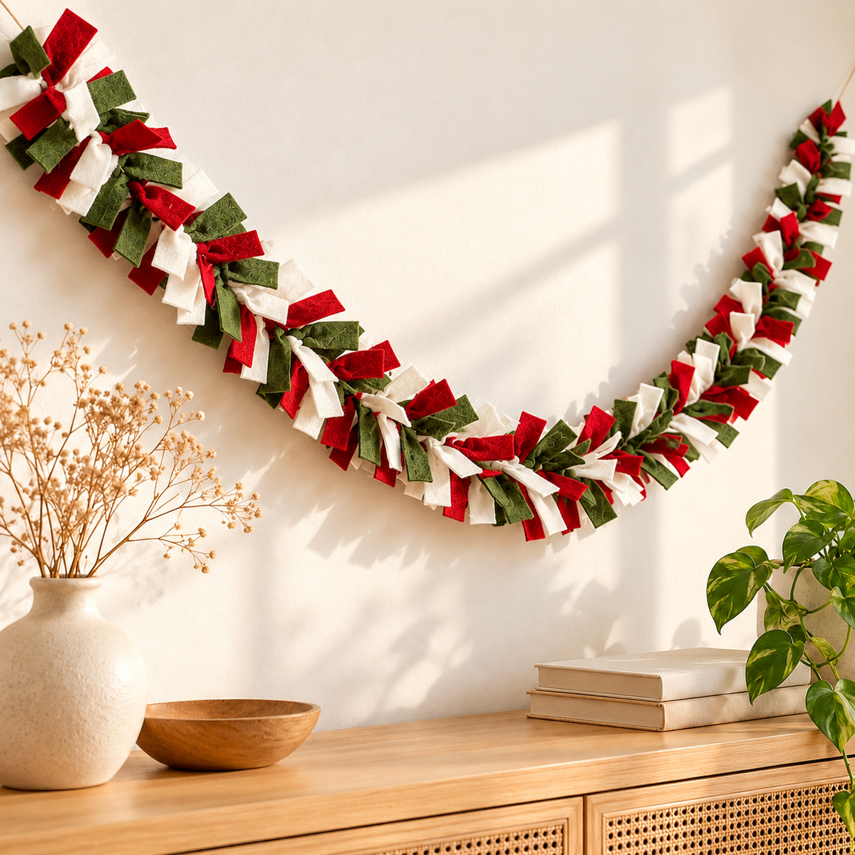 Handmade Christmas Felt Garland – Red, Green & Ivory Festive Holiday Home Decor - 6 Feet