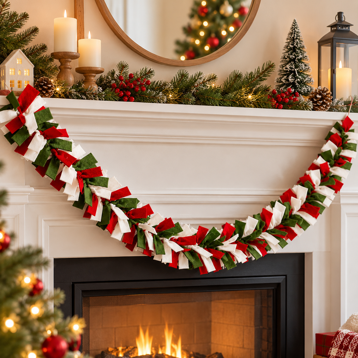 Handmade Christmas Felt Garland – Red, Green & Ivory Festive Holiday Home Decor - 6 Feet