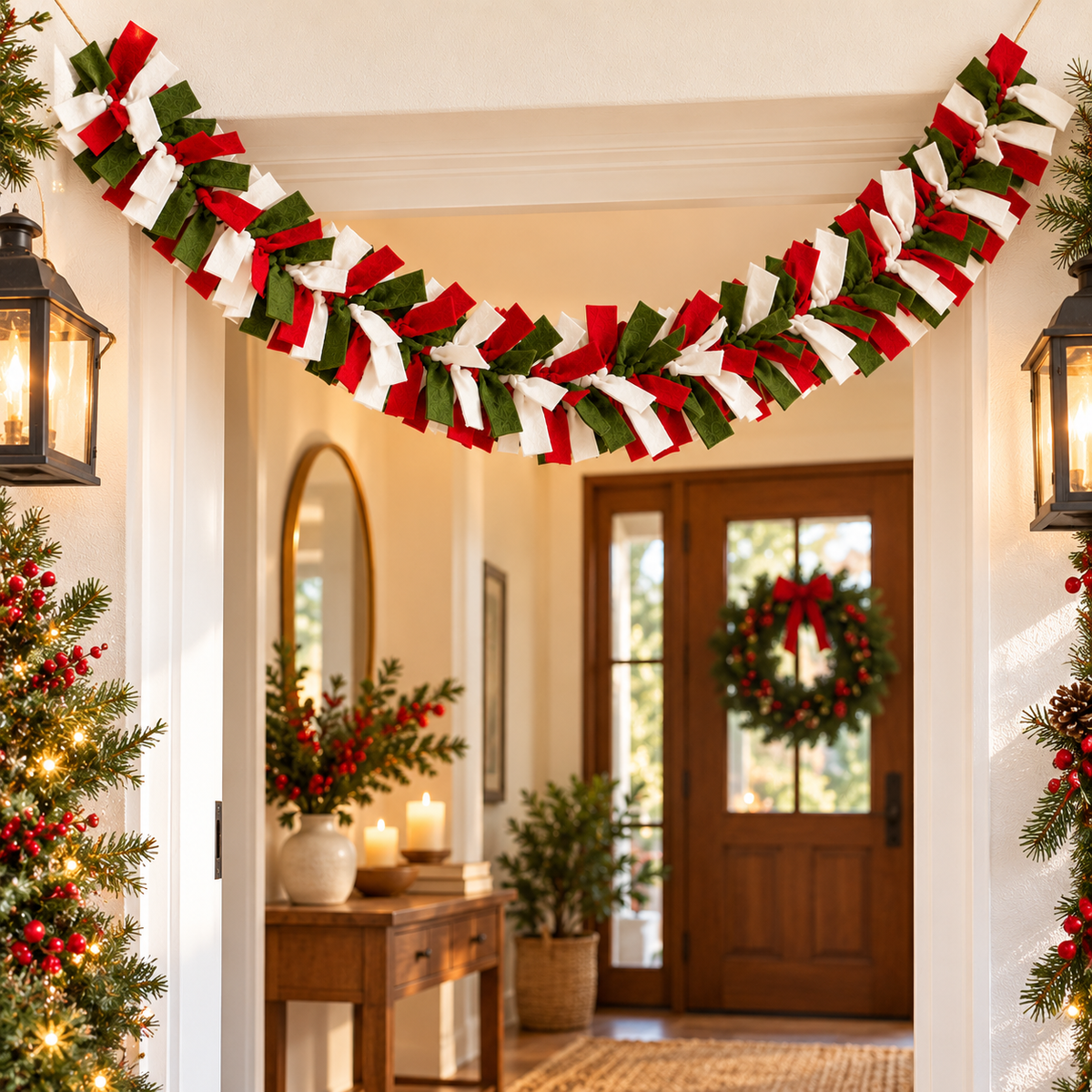 Handmade Christmas Felt Garland – Red, Green & Ivory Festive Holiday Home Decor - 6 Feet