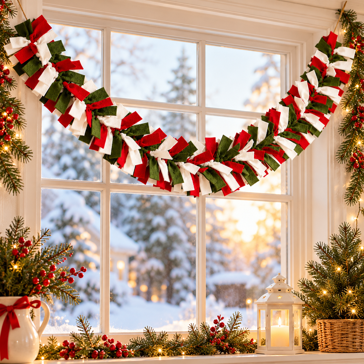 Handmade Christmas Felt Garland – Red, Green & Ivory Festive Holiday Home Decor - 6 Feet