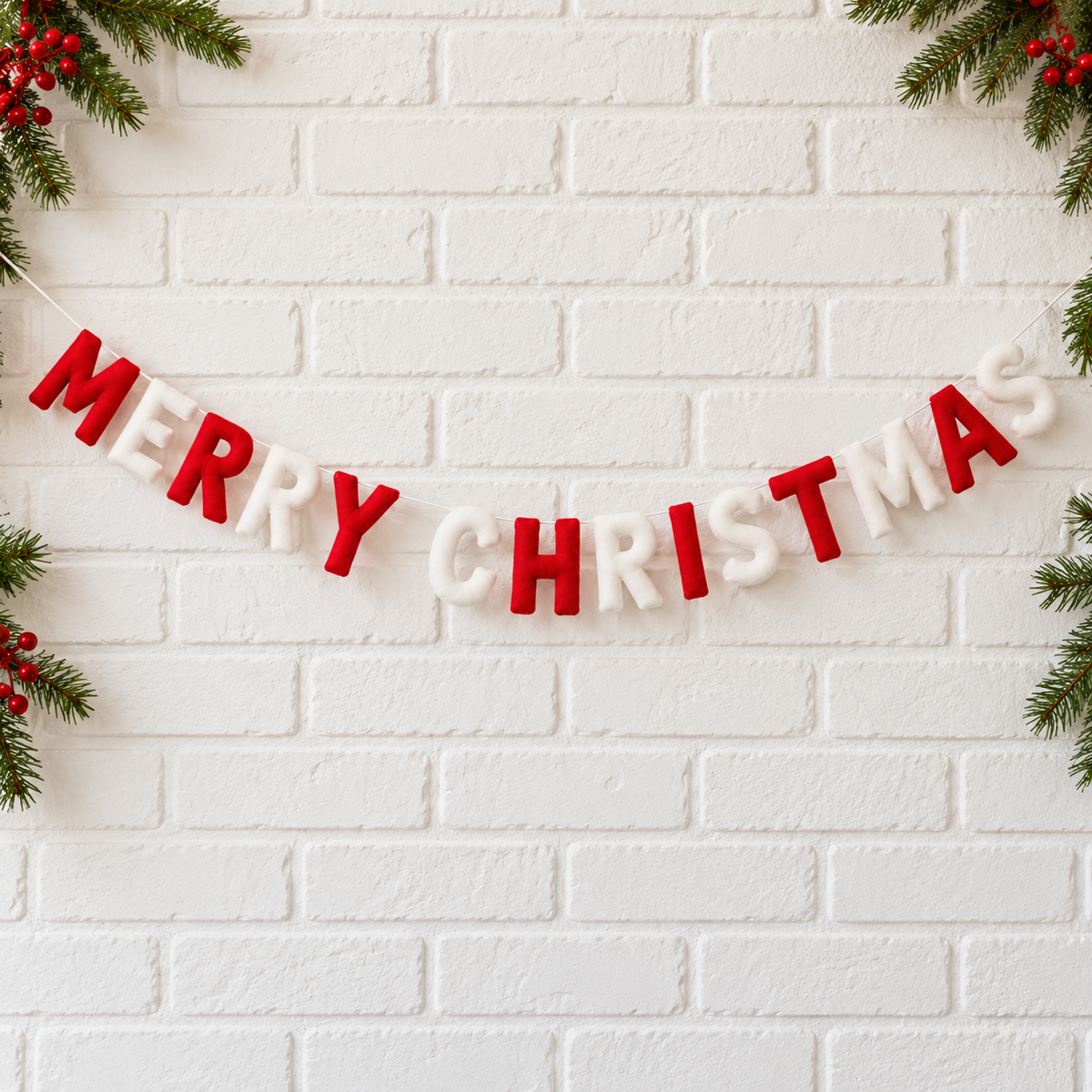 Merry Christmas Felt Letter Garland – Red & White Christmas Mantel Decor