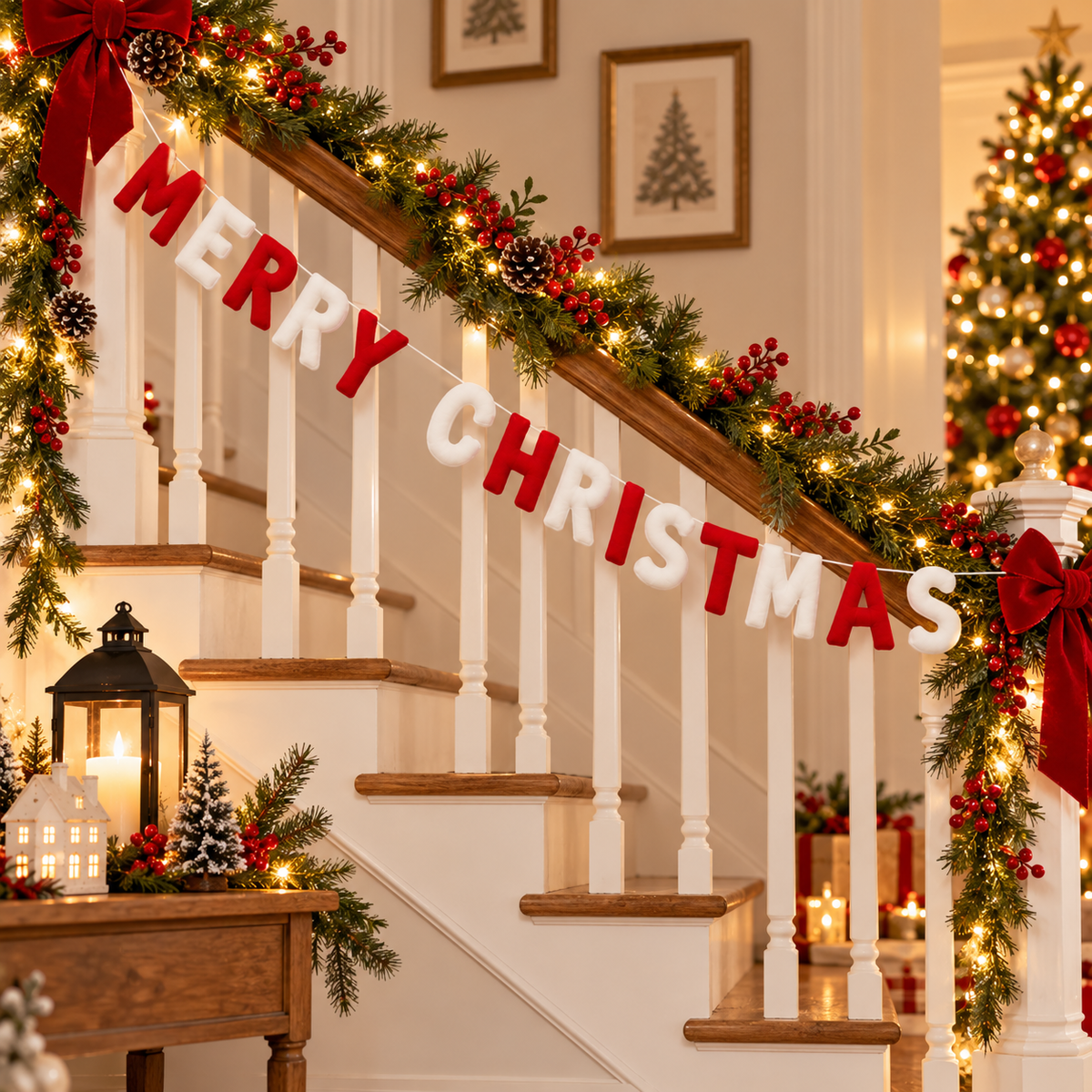 Merry Christmas Felt Letter Garland – Red & White Christmas Mantel Decor