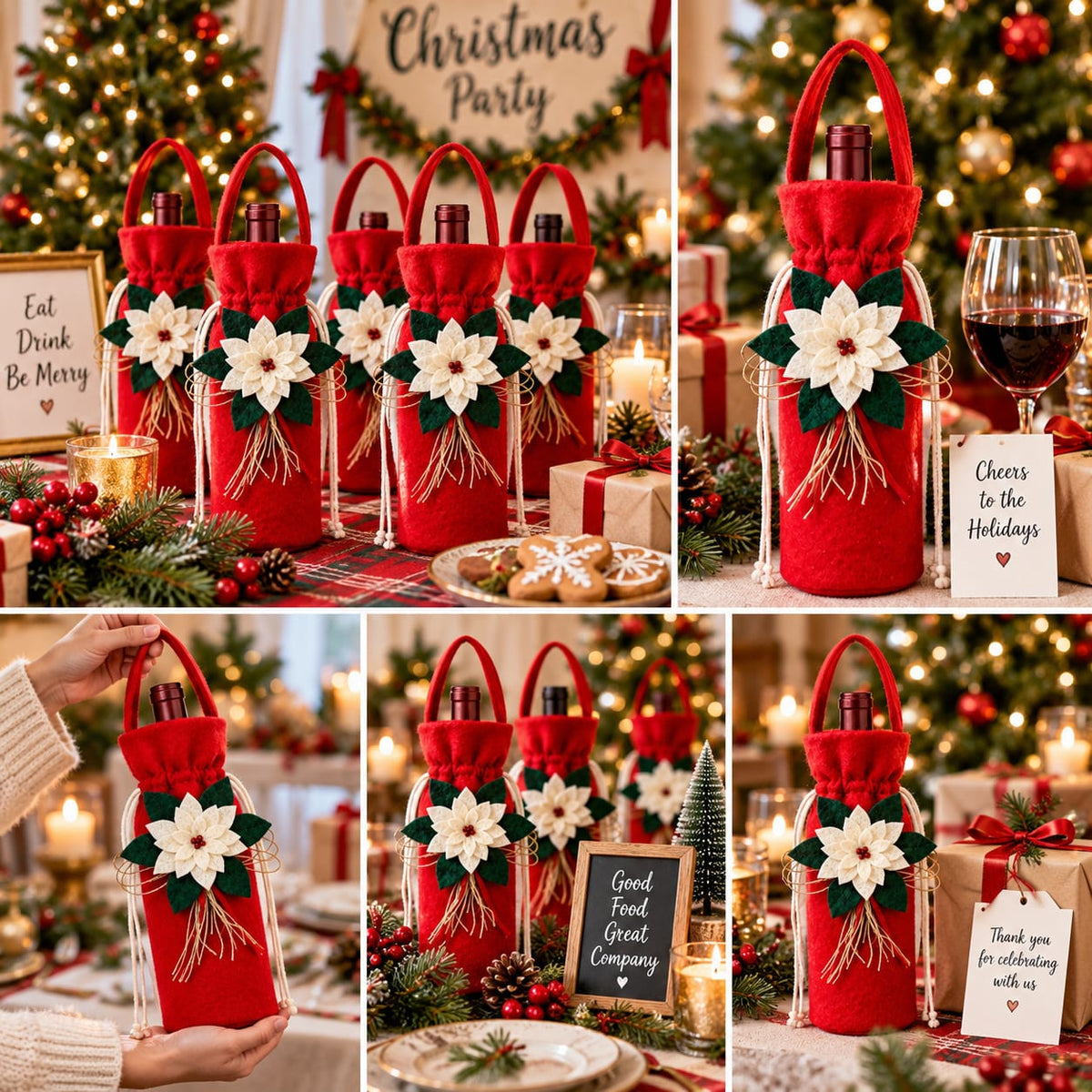 Christmas Wine Bottle Cover – Festive Red Poinsettia Wine Gift Bag
