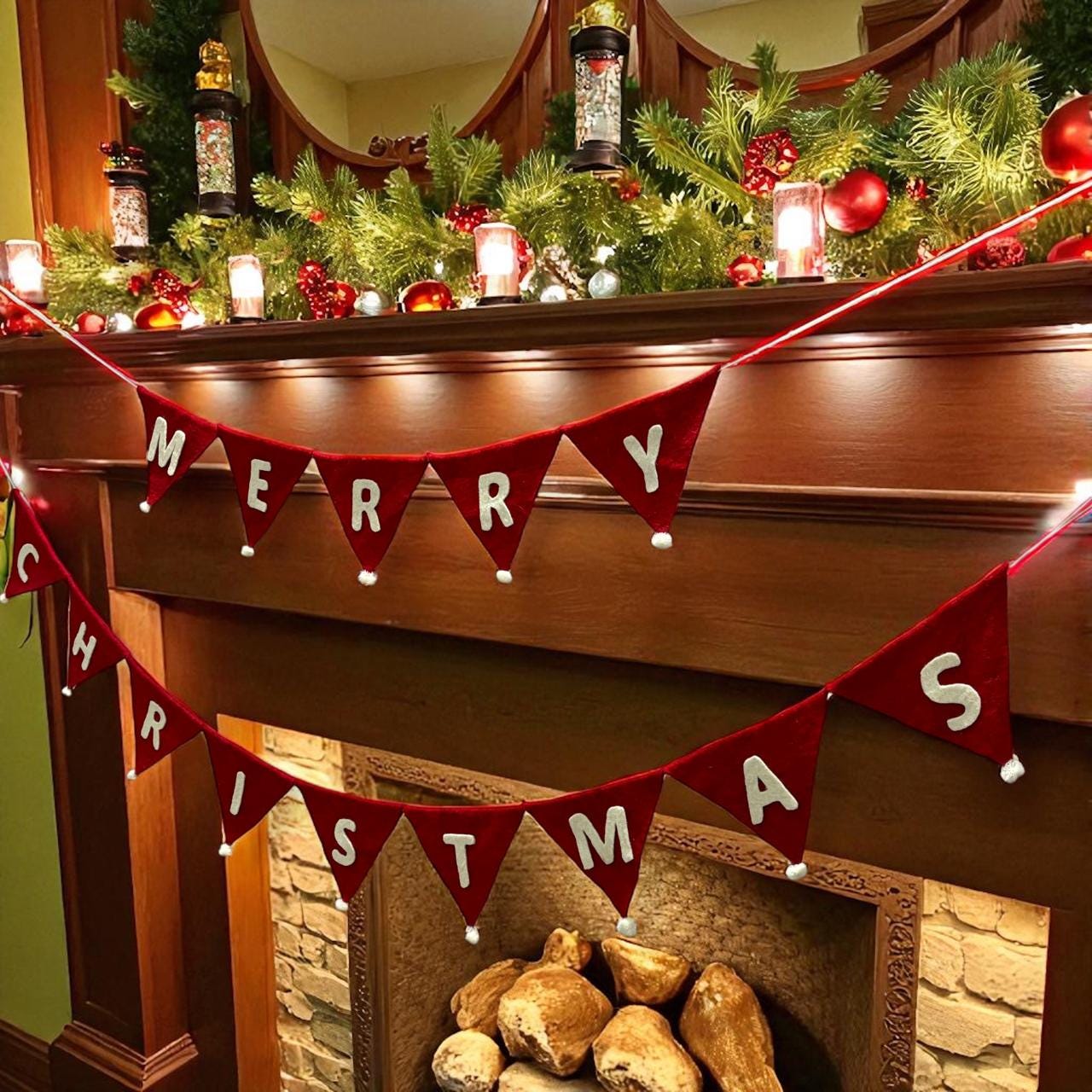 Christmas Garland, Felt Ornament Banner, Winter Mantel Decor, Handmade Holiday Decoration