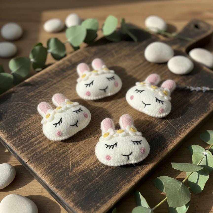 Handmade Wool Felt Easter Bunny Faces, Spring Decor, Set of 5
