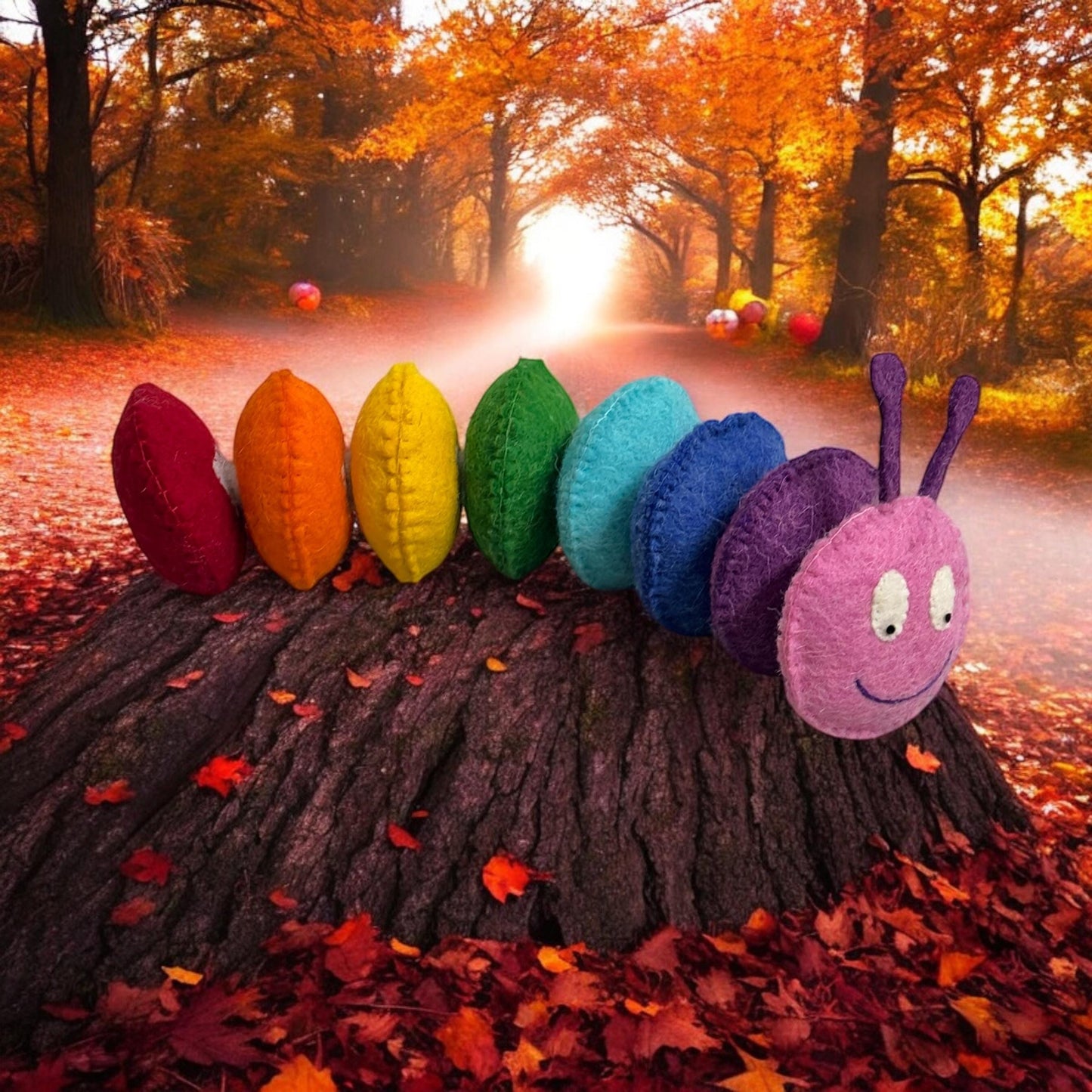 Handmade Wool Felt Caterpillar Toy: Rainbow Color Toddler Plushie