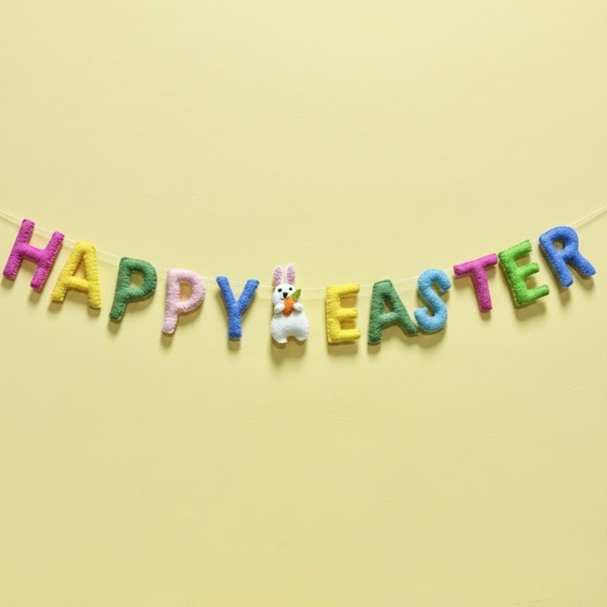Wool Felt Happy Easter Garland – Handmade Spring Bunny Banner – Easter Door Decor, Mantle & Wall Hanging, Easter Gift