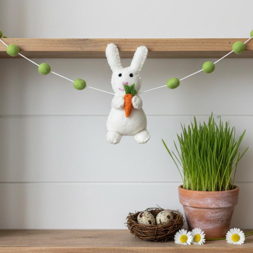 Wool Felt Easter Rabbit With Carrots Garland – Easter Decoration, Easter Bunting, Spring Wall Hanging, Easter Gift
