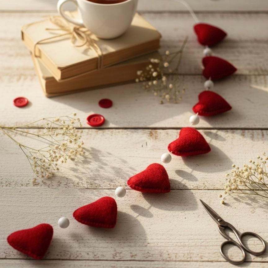 Wool Felt Handmade Heart Garland | Valentine’s Day Decor | Wedding & Anniversary Decoration | Romantic Bedroom Wall Decor | Couple Gift