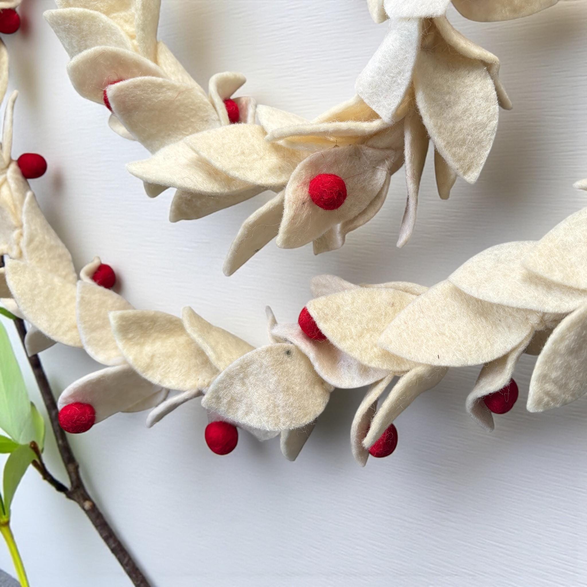 Wool Felt Christmas Garland, Cream Leaves, Red Berries, Handmade