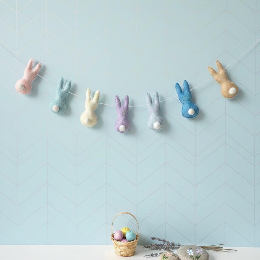Handmade Wool Felt Bunny Rabbit Garland – Easter Spring Decor for Door, Wall & Mantle – Pastel Easter Bunny Banner – Nursery Easter Gift