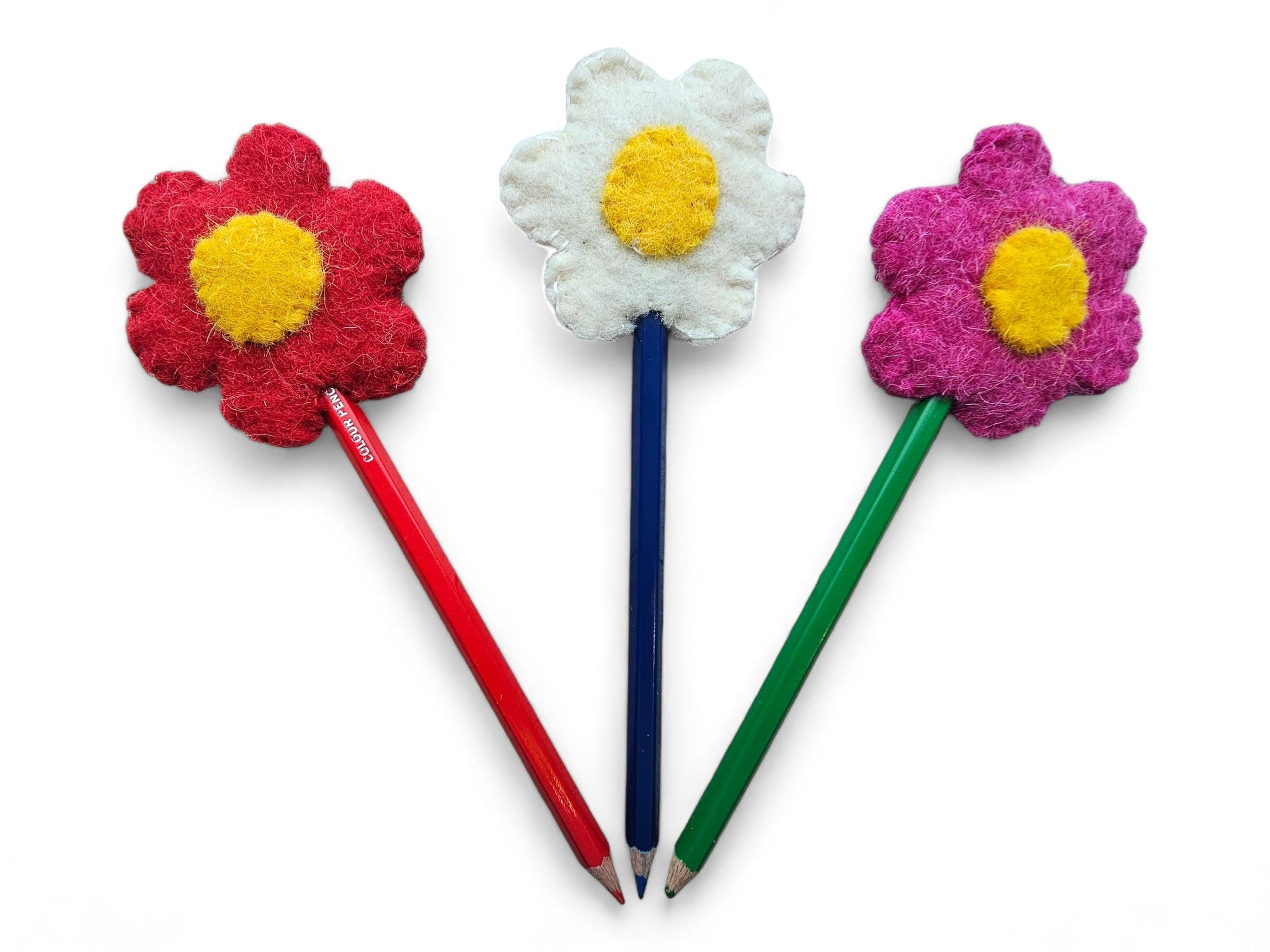 Handmade Wool Felt Daisy Flower Pencil Toppers Set, Party Favors, Classroom Rewards