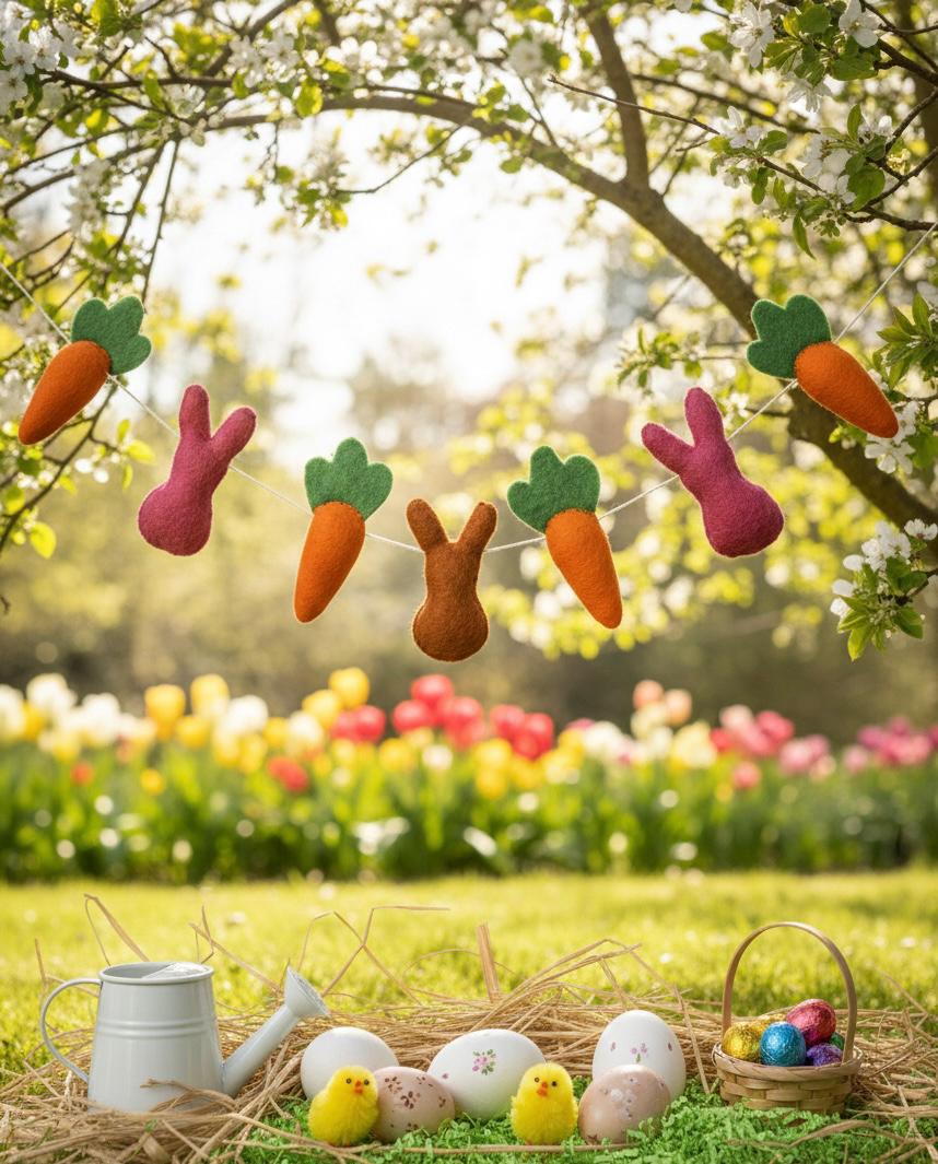 Decorative Easter banner with bunnies and carrots hanging outdoors with Easter eggs and chicks on the grass.