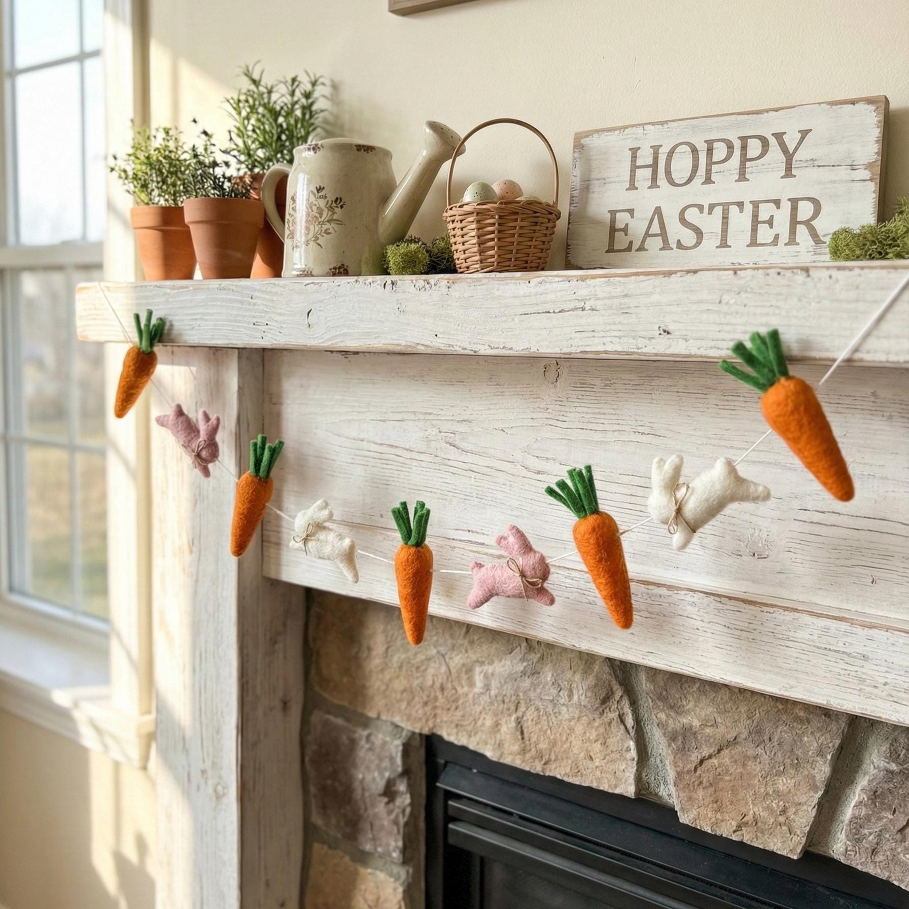 Wool Felt Easter Rabbit & Carrot Garland – Easter Decoration, Easter Bunting, Spring Wall Hanging, Easter Gift