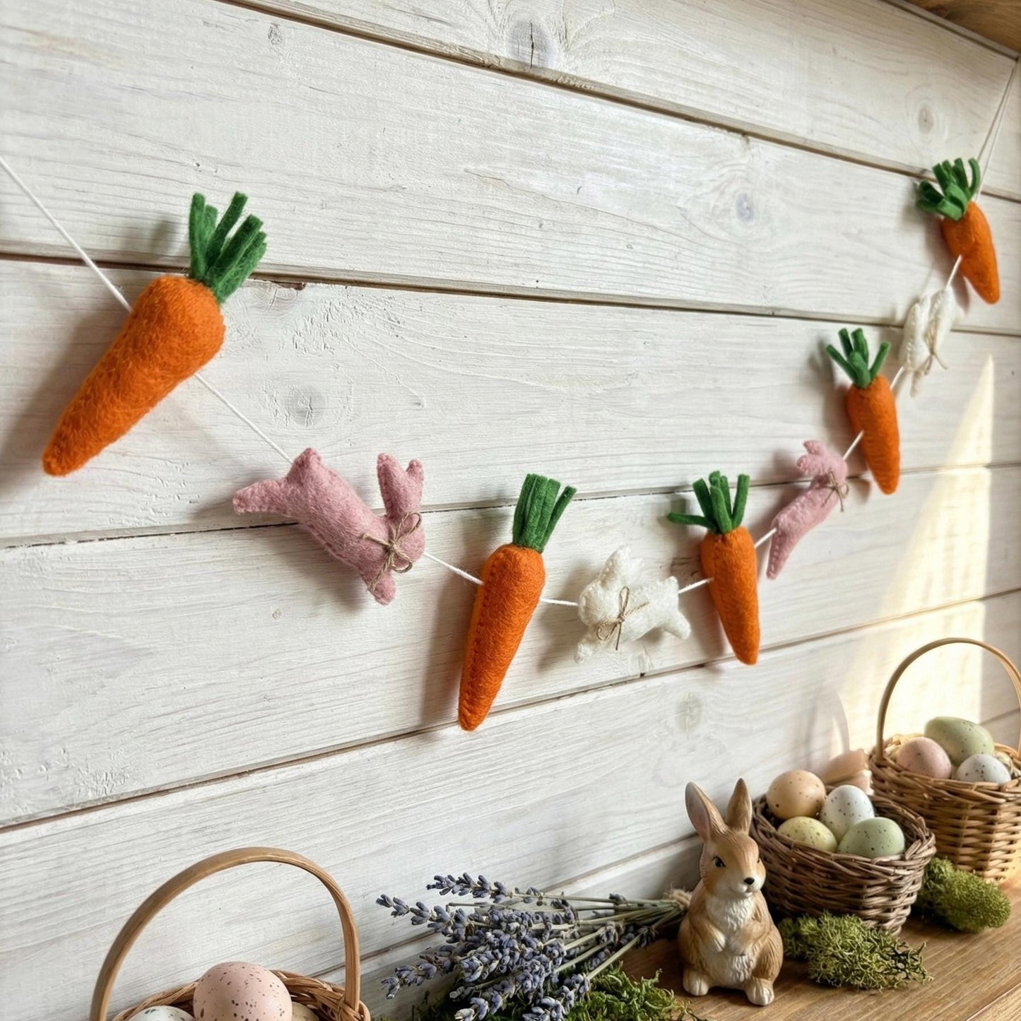 Wool Felt Easter Rabbit & Carrot Garland – Easter Decoration, Easter Bunting, Spring Wall Hanging, Easter Gift