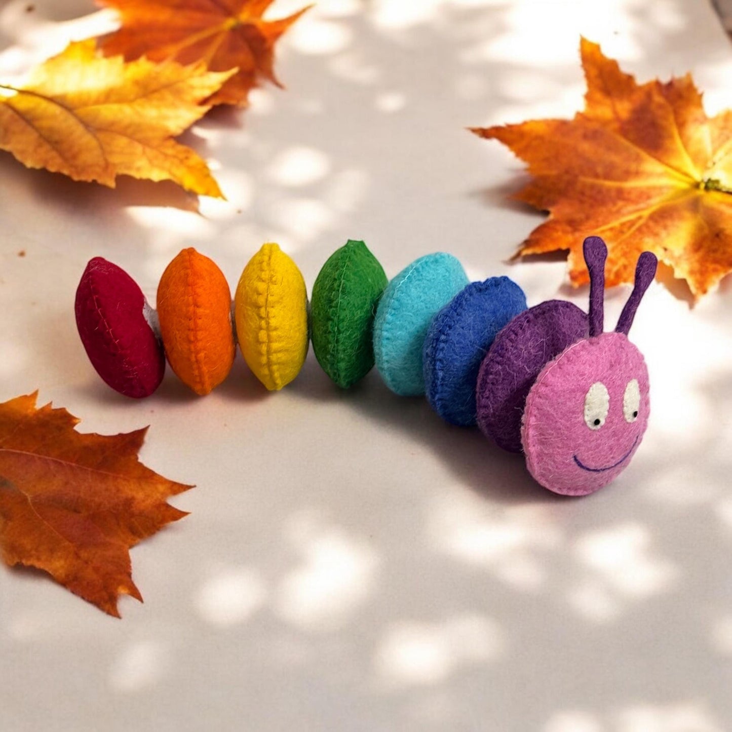 Handmade Wool Felt Caterpillar Toy: Rainbow Color Toddler Plushie