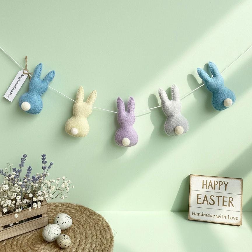Handmade Wool Felt Bunny Rabbit Garland – Easter Spring Decor for Door, Wall & Mantle – Pastel Easter Bunny Banner – Nursery Easter Gift